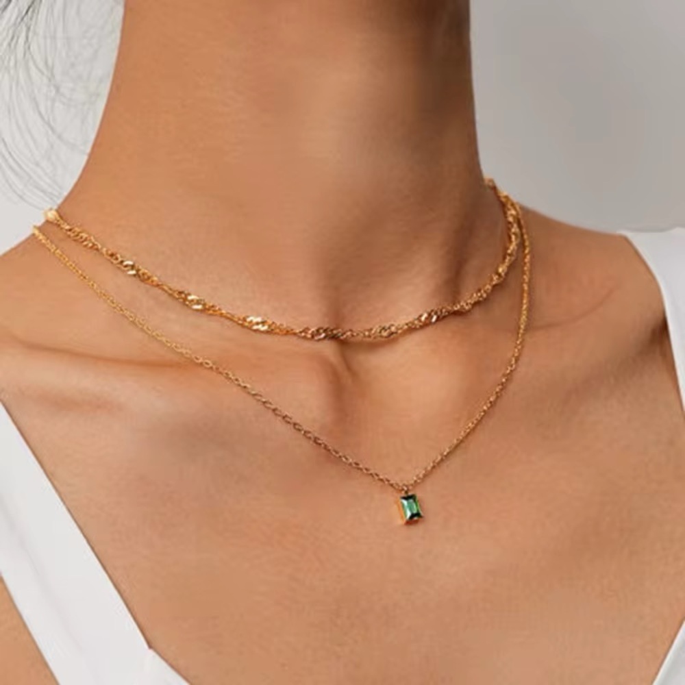 18K Gold Plated Green CZ Pendant Layered Necklace